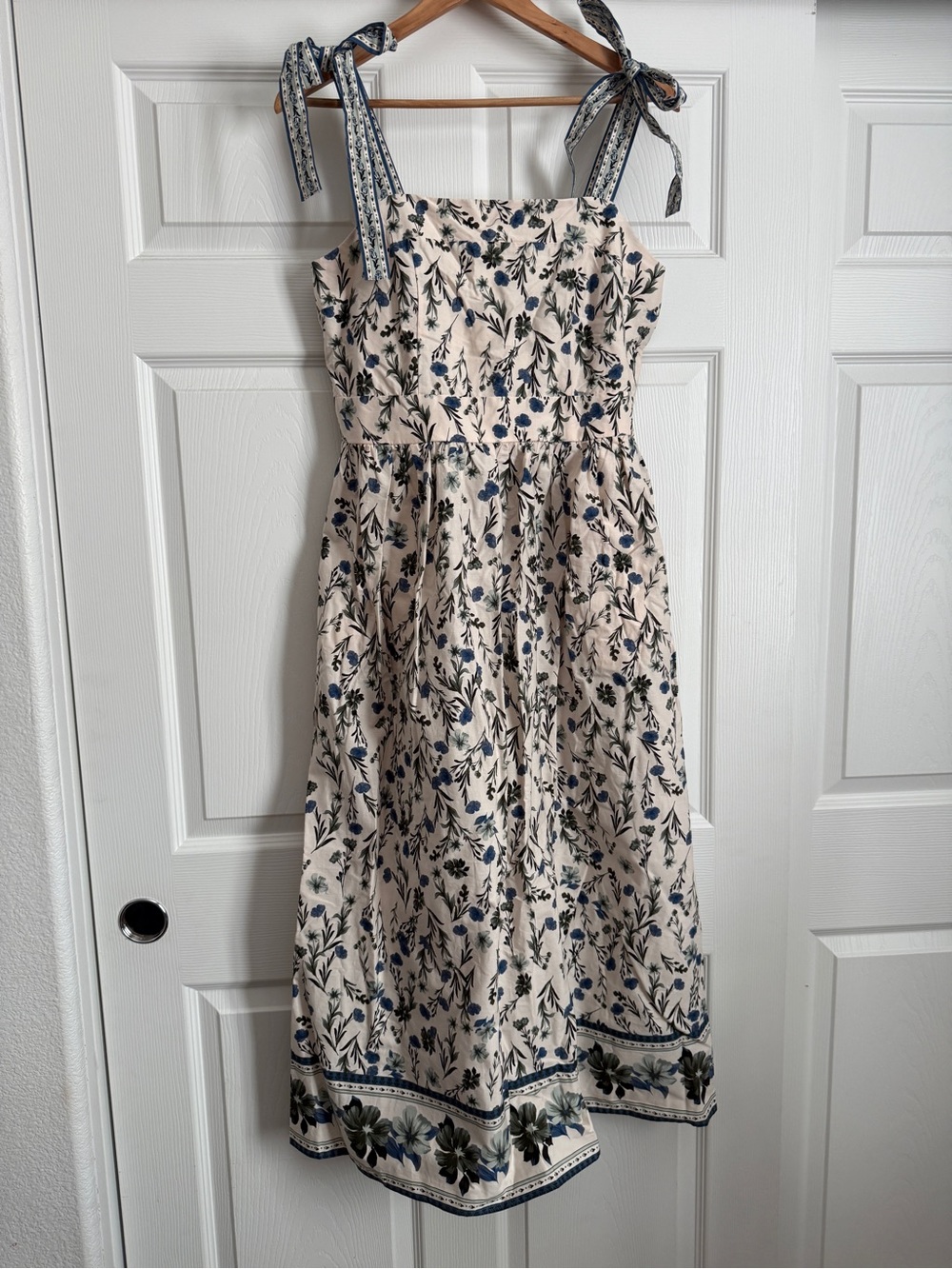 Women’s Floral Tie-Shoulder Sundress Cotton Midi Dress — Cream with Blue Print